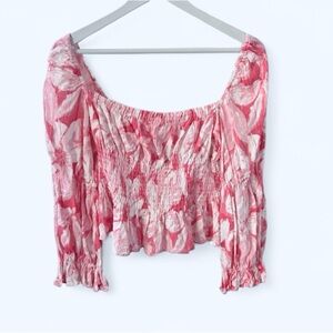 Olivaceous 100% Cotton Pink & Cream Floral Smocked Ruffle Coquette Boho Top Sz L